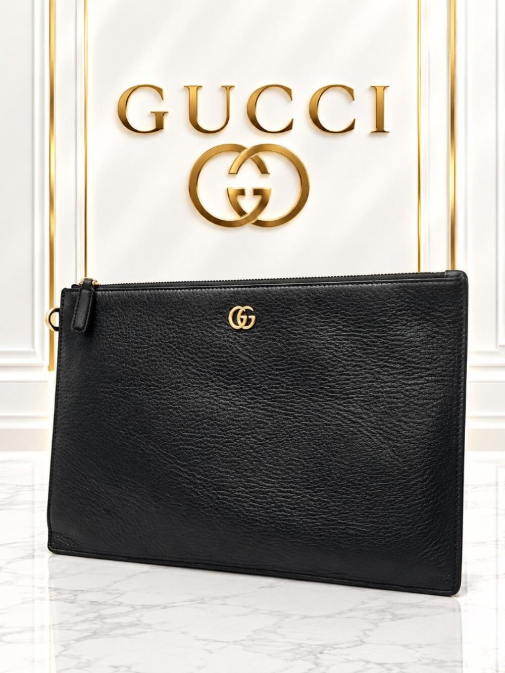Authentic Gucci GG Marmont Black Leather Zip Pouch Clutch Wristlet Gold Logo
